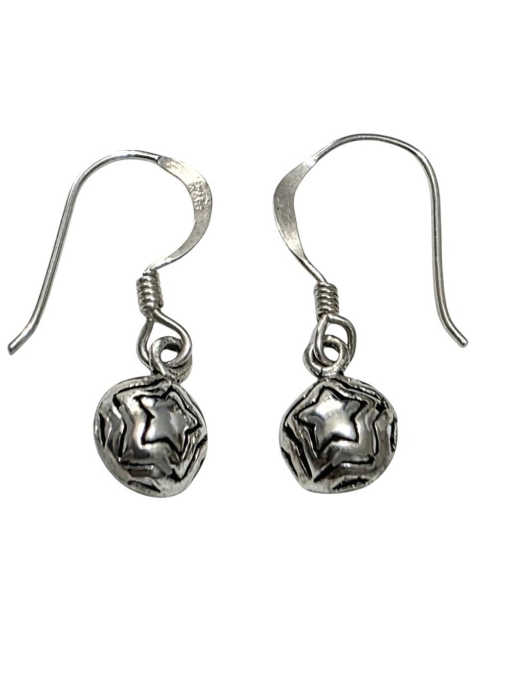 Vintage Sterling Silver Star Dangle Earrings 925 Round Ball Puffed Hook Drop